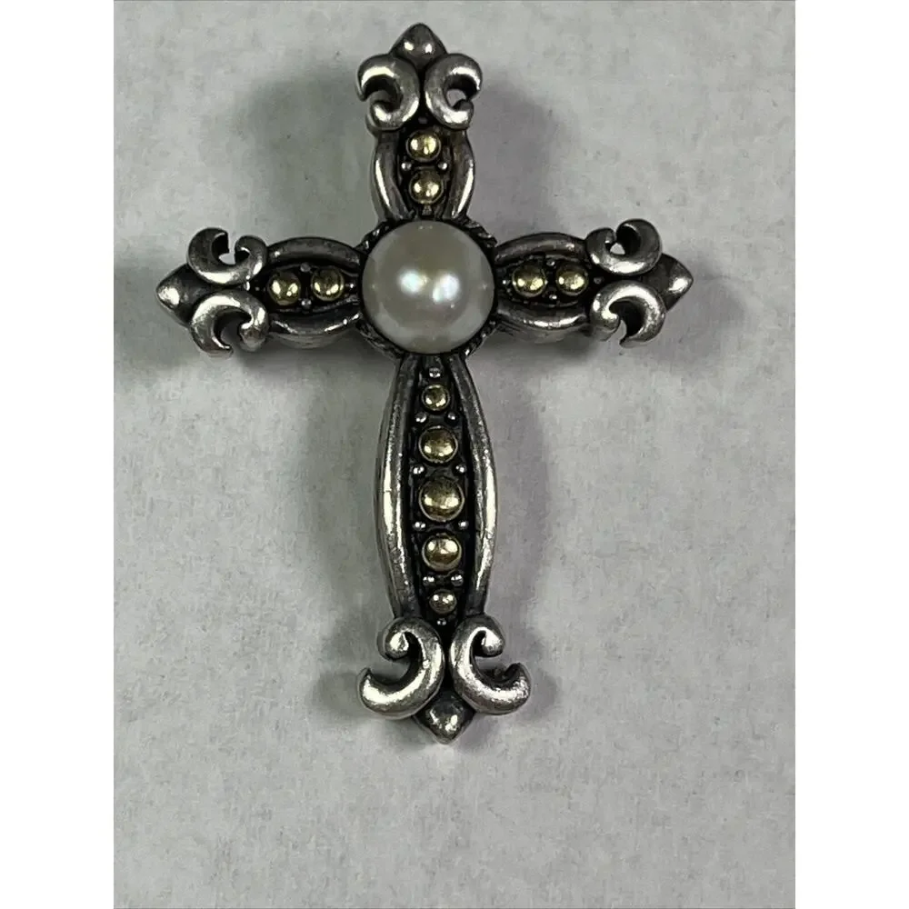 EFFY 18k And Sterling Silver Cross Crucifix Pendant Faux Pearl No Necklace RARE - Picture 6 of 12